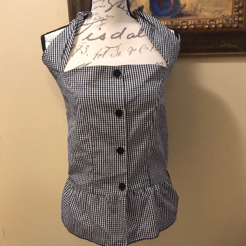 Too Fast Brand Tie shoulder gingham cotton button down peplum sleeveless top